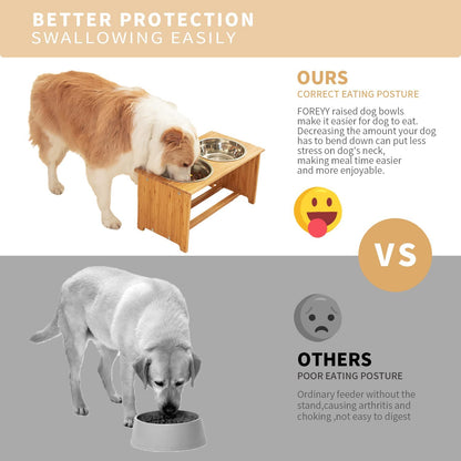FOREYY Raised Pet Bowls for Cats and Small Dogs, Bamboo Elevated Dog Cat Food and Water Bowls Stand Feeder with 2 Stainless Steel Bowls and anti Slip Feet (4'' Tall-20 Oz Bowl)