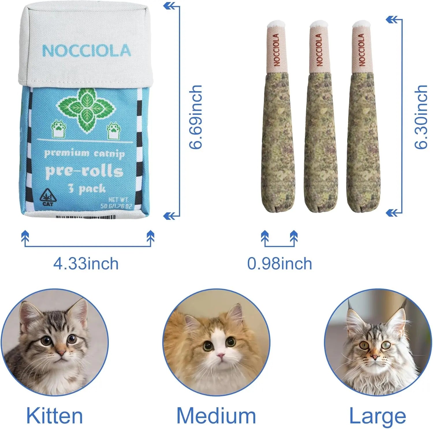 Nocciola 3 Pack Pre-Roll Catnip Kicker Cat Toy, Organic Catnip-Filled Plush Rolls with Crinkle & Chew Texture, Bunny Kick Teething Toy for Cats of All Ages